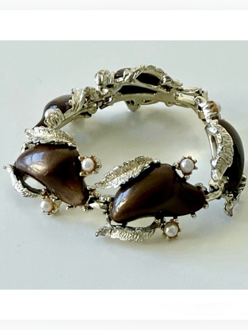 Vintage Coro Gold Tone Mocha Brown Thermoset Leaf Link Bracelet 7” 1950’s